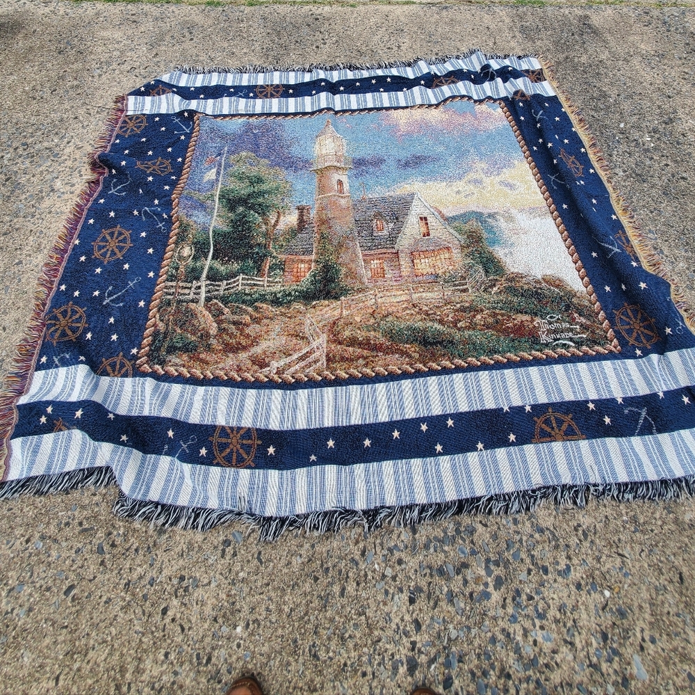 THOMAS KINKADE Nautical Lighthouse Woven Throw Blanket - Navy, Cream, Brown